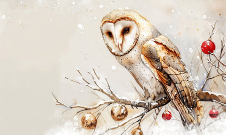 Watercolor painting of a barn owl perched on a branch with festive Christmas ornaments. Concept of birds, wildlife art, nature, holiday decoration. Copy space.の写真素材