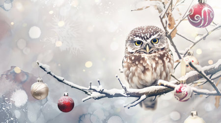 Snowy owl perched on a snowy branch decorated with Christmas ornaments. Concept of winter, holiday season, wildlife, Christmas decoration. Copy space.の写真素材