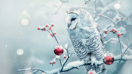 Snowy white owl perched on a frosty branch with winter Christmas ornaments. Concept of winter wildlife, festive decorations, seasonal beauty, nature scene.. Copy space.の写真素材
