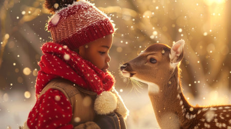 African American child wearing winter clothing with a fawn in a snowy forest. Concept of childhood wonder, nature interaction, winter season, wildlife.の写真素材