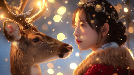 Asian woman with traditional hairstyle and winter attire interacting with a deer in a snowy landscape. Concept of winter, connection with nature, serenity, cultural atmosphere.の写真素材