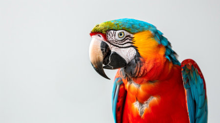 Vibrant blue and yellow macaw parrot with detailed feathers. Concept of colorful bird, exotic wildlife, avian beauty.の写真素材