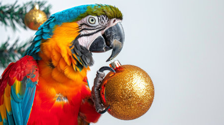 Colorful Macaw Holding Christmas Ornament in Its Beak Concept of Festive Parrot, Holiday Decoration, Pet Bird, Seasonal Celebration.の写真素材