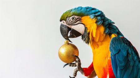 Colorful parrot holding a gold Christmas ornament. Concept of exotic bird, holiday decoration, festive pet, animal celebration.の写真素材
