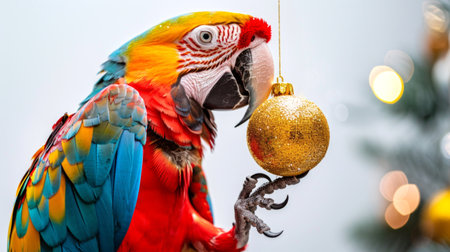Colorful Macaw Holding Christmas Ornament in Its Beak Concept of Festive Parrot, Holiday Decoration, Pet Bird, Seasonal Celebration.の写真素材