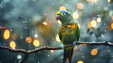 Colorful green parrot perched on a snowy branch with glowing bokeh lights in the background. Concept of winter wildlife, exotic bird, festive ambiance, nature in snow.の写真素材