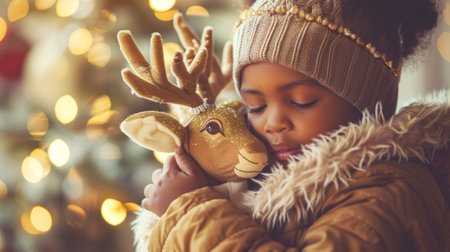 African American girl with reindeer plush toy and Christmas lights in the background. Concept of child, holiday season, winter, and festive spirit.の写真素材