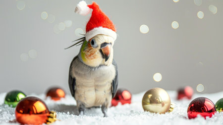 Cockatiel Wearing Santa Hat with Christmas Ornaments. Concept of holiday bird, festive decoration, pet celebration, Christmas cheer.の写真素材