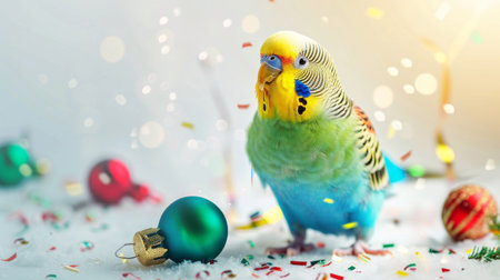 Colorful budgerigar bird with festive decorations in a snowy setting. Concept of Christmas, pet parrot, celebration, holiday season, winter wonderland.の写真素材