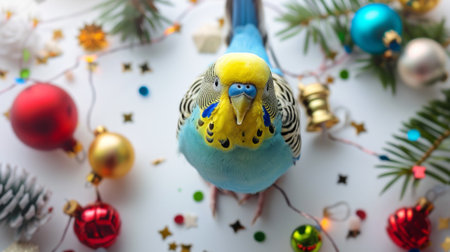 Blue and yellow budgerigar among festive holiday decorations with pine branches and ornaments. Concept of celebration, pet bird, holiday season, Christmas, funny parrot.の写真素材