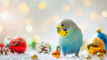 Colorful budgerigar bird with festive decorations in a snowy setting. Concept of Christmas, pet parrot, celebration, holiday season, winter wonderland.の写真素材