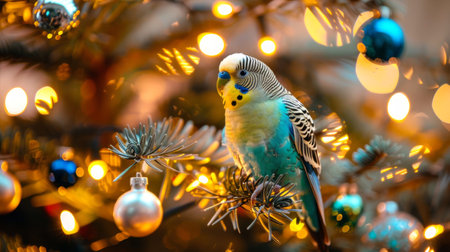 Vibrant parakeet perched on a decorated Christmas tree with ornaments. Concept of festive birds, holiday decoration, winter celebration, colorful lights.の写真素材