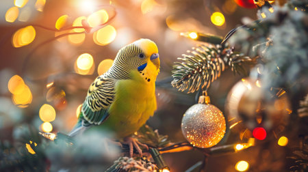 Vibrant parakeet perched on a decorated Christmas tree with ornaments. Concept of festive birds, holiday decoration, winter celebration, colorful lights.の写真素材