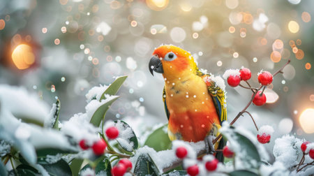 Colorful parrot on snowy branch with red berries, reflecting winter and holiday season. Concept of tropical bird, winter scene, nature, festive decoration, Christmas time.の写真素材