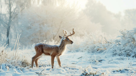 Young deer standing in a snowy winter landscape at sunrise. Concept of wildlife, nature scenery, winter season, animal.の写真素材