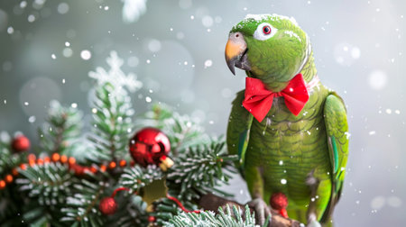 Green parrot with a red bow tie on a snow-covered branch with festive decorations. Concept of bird, Christmas, festive, winter holiday.の写真素材