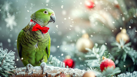 Green parrot with a red bow tie on a snow-covered branch with festive decorations. Concept of bird, Christmas, festive, winter holiday.の写真素材