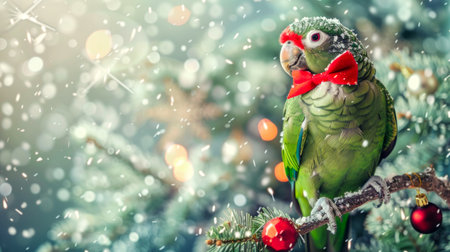 Green parrot with a red bow tie on a snow-covered branch with festive decorations. Concept of bird, Christmas, festive, winter holiday.の写真素材