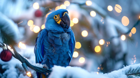 Blue Macaw Perched on Snow-Covered Branch. Concept of vibrant wildlife, tropical bird, winter decorations, festive lights, Christmas.の写真素材