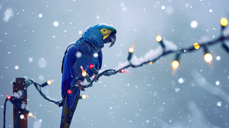 Blue parrot perched on a string of multicolored Christmas lights in snowfall. Concept of exotic bird, holiday decorations, winter, festive season, wildlife.の写真素材