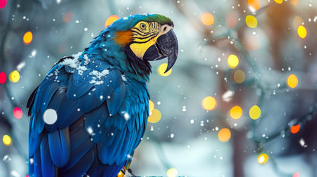 Blue Macaw Perched on Snow-Covered Branch. Concept of vibrant wildlife, tropical bird, winter decorations, festive lights, Christmas.の写真素材