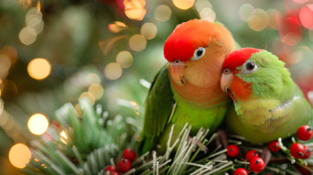 Colorful lovebirds on a festive holiday background. Concept of exotic birds, Christmas, festive decoration, bird couple, cute parrots. Copy space.の写真素材