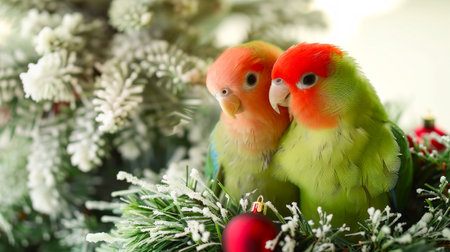 Colorful lovebirds on a festive holiday background. Concept of exotic birds, Christmas, festive decoration, bird couple, cute parrots. Copy space.の写真素材