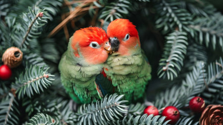 Colorful lovebirds perched on a pine tree branch with berries. Concept of avian companionship, nature, vibrant wildlife, romantic birds, cute parrots.の写真素材