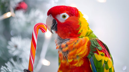 Colorful macaw parrot holding a candy cane. Concept of exotic pet, Christmas, vibrant bird, tropical wildlife, animal with candies.の写真素材