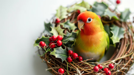Lovebird in a Wreath with Holly and Berries Concept of Colorful Birds, Nature, Holiday Decoration, Winter Festivity, Christmas parrot. Copy space. White background.の写真素材