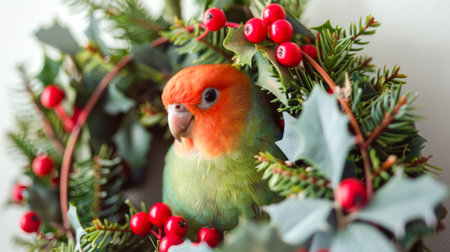 Lovebird in a Wreath with Holly and Berries Concept of Colorful Birds, Nature, Holiday Decoration, Winter Festivity, Christmas parrot. Copy space. White background.の写真素材