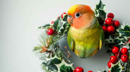 Colorful parrot perched on a Christmas wreath with holly berries. Concept of festive bird, holiday decorations, tropical pet, wildlife.の写真素材