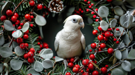 White Cockatoo Sitting on Festive Holiday Wreath with Red Berries and Pine Cones. Concept of Christmas Decoration, Holiday Season, Bird, Ornamental Display, parrot.の写真素材