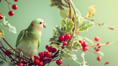 Green parrot perched on holly branch with red berries and leaves. Concept of tropical bird, nature, wildlife, birdwatching, Christmas.の写真素材