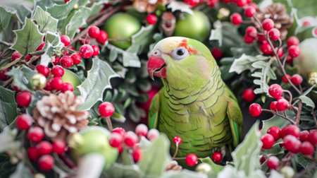 Green parrot surrounded by festive holiday decorations with holly and berries. Concept of Christmas, seasonal celebration, exotic birds, festive decor.の写真素材