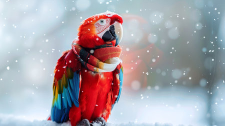 Scarlet macaw with a colorful scarf in snowy weather. Concept of tropical bird, winter, parrot, snow, Christmas time. Copy space.の写真素材