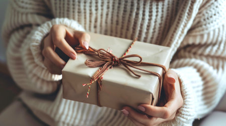 Caucasian female opening white gift box with ribbon. Concept of celebration, gift-giving, holiday...
