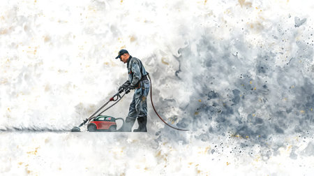 Watercolor of a janitor using a floor scrubber. Worker cleaning floor. Concept of janitorial...