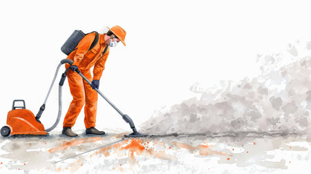 Watercolor art of a male street cleaner using a vacuum. Concept of sanitation worker, urban maintenance, cleanliness, public service.の写真素材