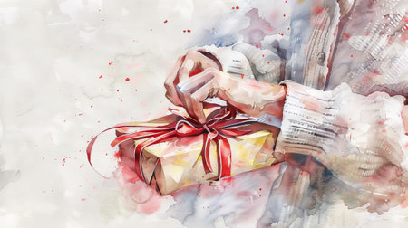 Watercolor art of hands tying a red ribbon on a gift box. Concept of present wrapping, gift-giving, celebration, holiday preparation.の写真素材