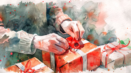Watercolor painting of hands tying ribbons on presents. Concept of gift-wrapping, holiday preparations, Christmas, celebration.の写真素材