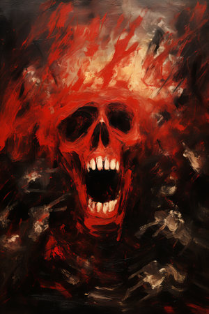 Fiery red skull with flames and smoke. Concept of horror, danger, dark art, death, fear. Oil...