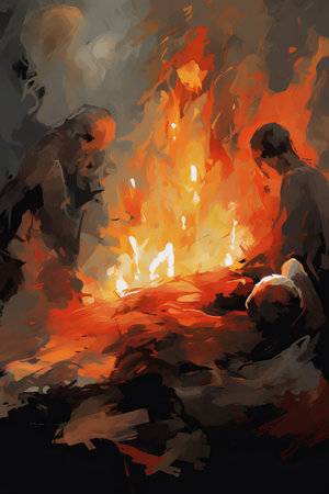 Abstract painting of two figures by a fire. Concept of warmth, survival, companionship. Oil...