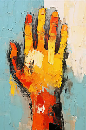 Abstract oil painting of a hand with vibrant colors and textures. Concept of art, expression, creativity. Metaphorical associative card. Psychological abstract picture. Vertical.の写真素材