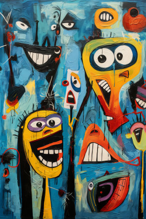 Abstract colorful oil painting with expressive faces on a blue background. Concept of happy people. Metaphorical associative card. Psychological abstract picture. Vertical.の写真素材