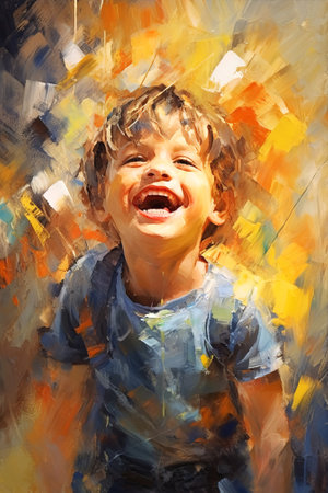 Vibrant oil painting of a joyful boy with a big smile and colorful abstract background. Concept of childhood happiness, carefree joy.の写真素材
