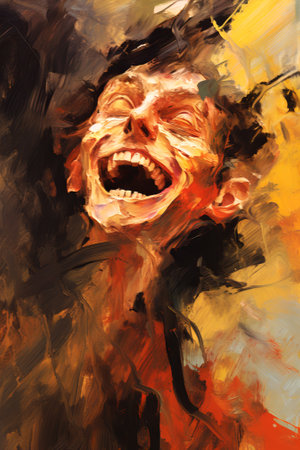 Abstract oil painting of laughing man. Concept of joy, emotional release, laughing man illustration. Metaphorical associative card. Psychological abstract picture. Vertical.の写真素材