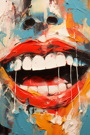 Close-up of a wide smile with vibrant colors. Concept of joy, expression, happiness. Oil painting. Vertical.の写真素材