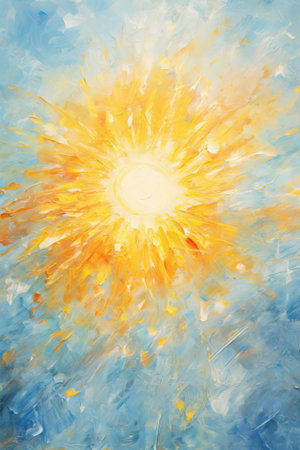 Bright sunburst in abstract style. Concept of sun, energy, warmth, light, happy, freedom. Oil painting. Metaphorical associative card. Verticalの写真素材