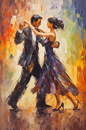 Elegant couple dancing in vibrant colors. Concept of romance, movement, and passion. Oil painting. Metaphorical associative card. Psychological abstract picture. Vertical.の写真素材